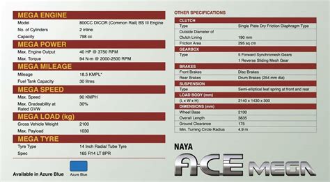 tata ace mega xl engine cc|Tata Ace Mega specifications .